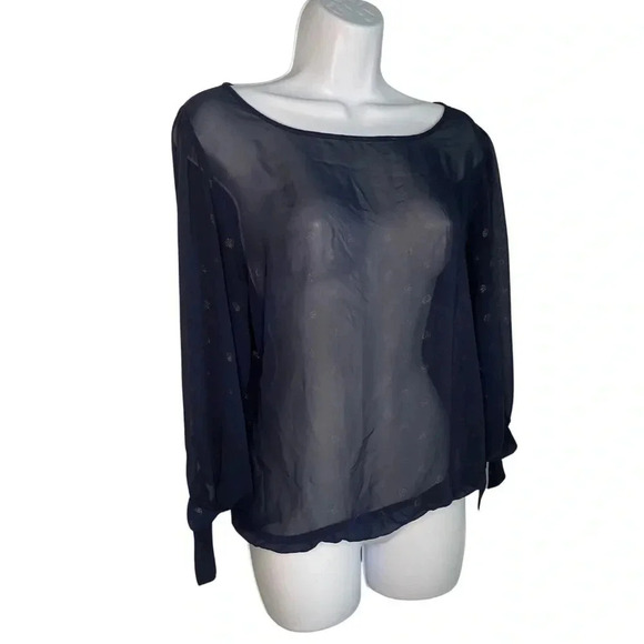 Bobeau Sheer Blouse with Light Gold Polka Dots | Navy BlueTop with Tie Sleeves - Picture 6 of 6